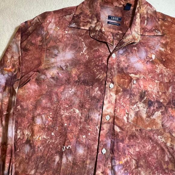 Men’s Large Regular Fit Long Sleeve Button Down Shirt Upcycled Tie Dye Brown Red - Picture 3 of 7